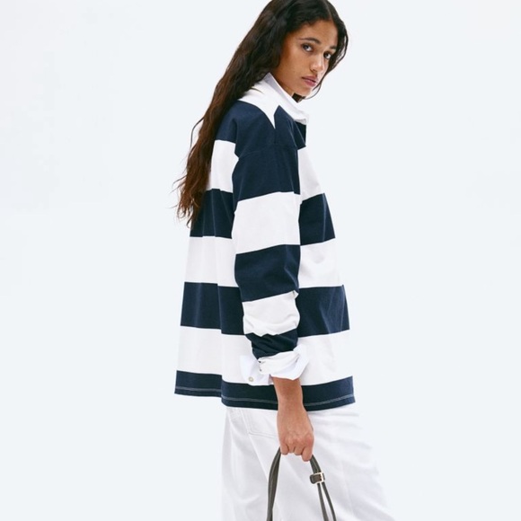 H&M Loose-Fit Polo Shirt Navy Stripe NWT Size Medium - Picture 6 of 10